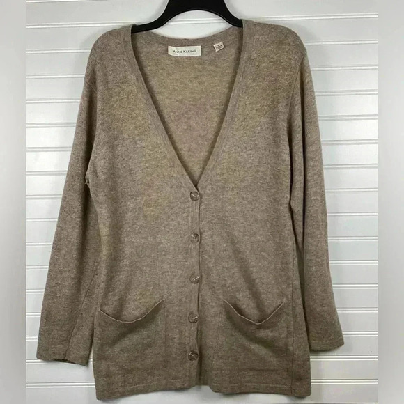 Anne Klein II Cashmere& Angora Blend Caedigan Sweater Taupe Made in Italy Medium - Picture 8 of 9